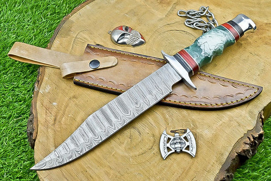 14" Premium Handmade Damascus Steel Bowie Knife – Resin Handle & Leather Sheath