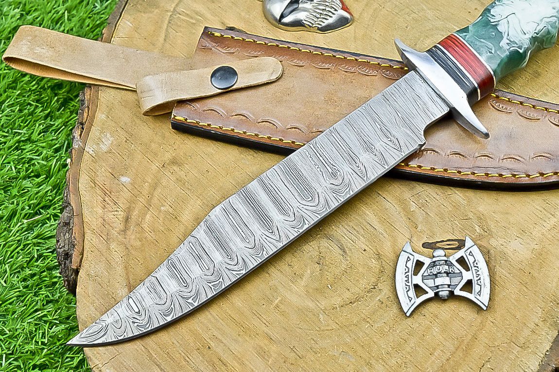 14" Premium Handmade Damascus Steel Bowie Knife – Resin Handle & Leather Sheath
