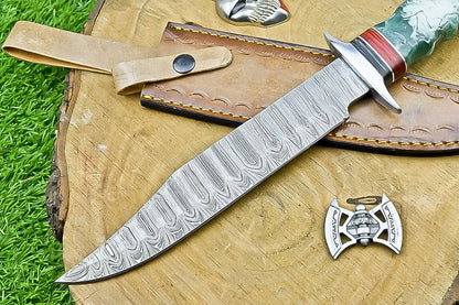 14" Premium Handmade Damascus Steel Bowie Knife – Resin Handle & Leather Sheath