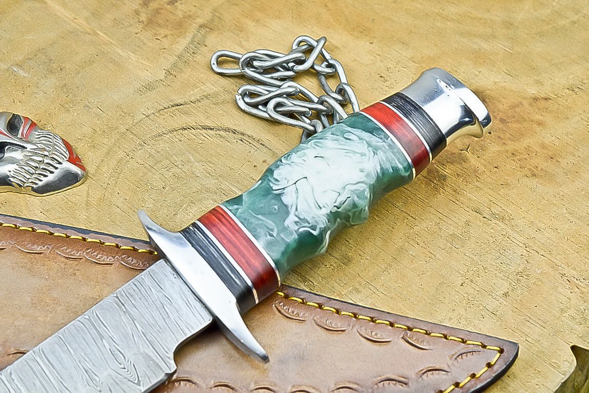 14" Premium Handmade Damascus Steel Bowie Knife – Resin Handle & Leather Sheath