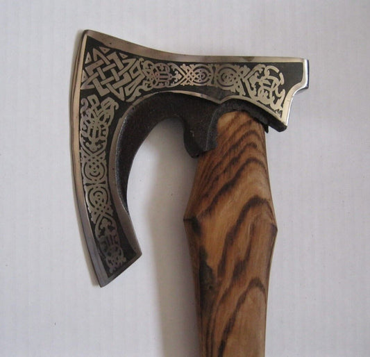 New Viking Battle Axe Hand Forged Carbon Steel Reenactment with Wooden Handle and Leather Sheath
