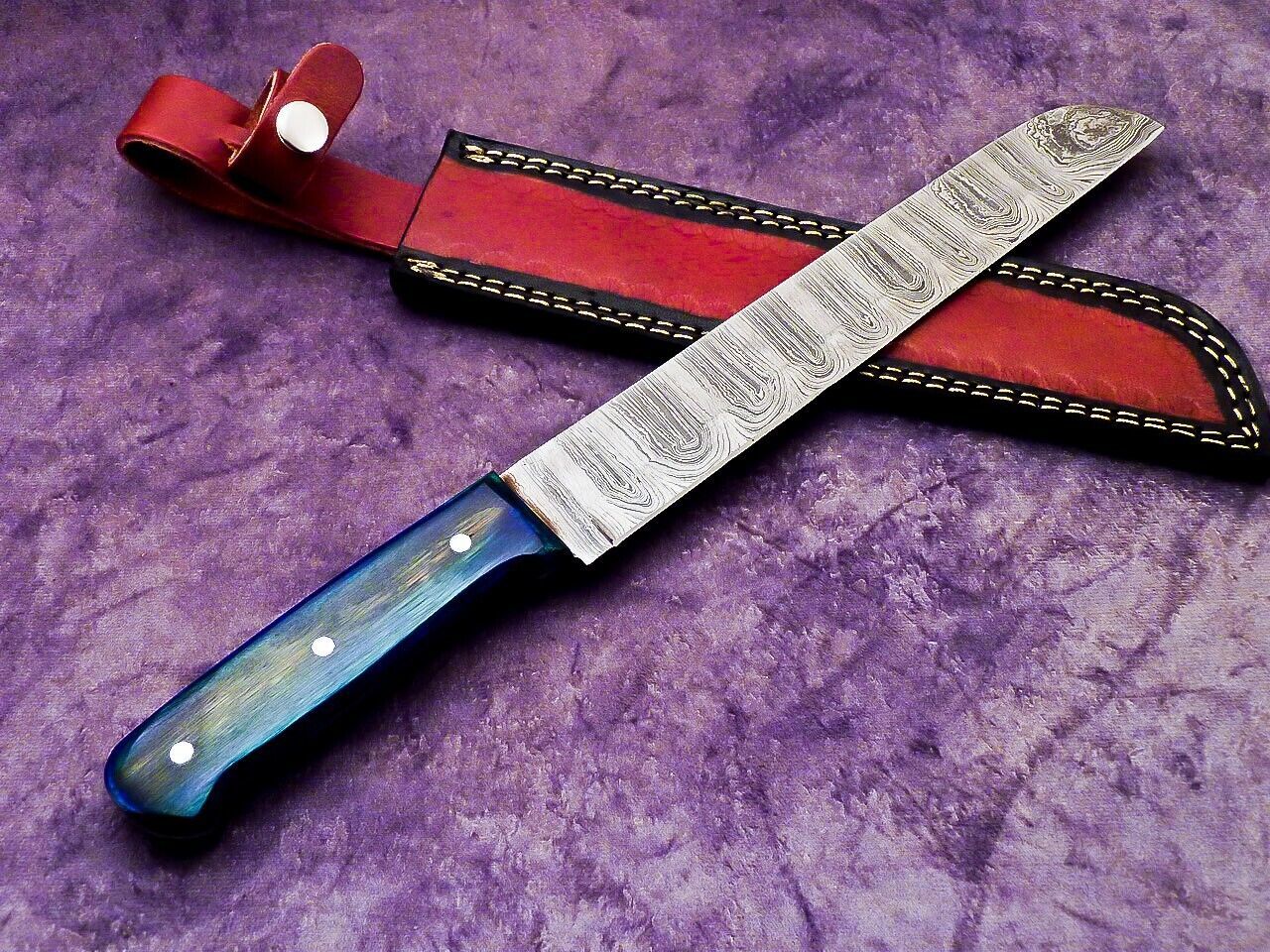 15" Professional Handmade Damascus Steel Chef Knife with Hardwood Handle & Leather Sheath
