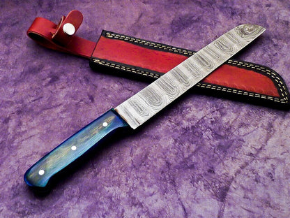 15" Professional Handmade Damascus Steel Chef Knife with Hardwood Handle & Leather Sheath