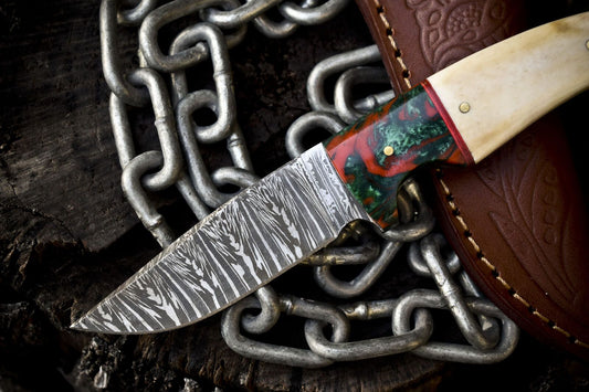 Forged Twist Damascus Skinner Knife with Bone Handle and Micarta Bolster for Survival and Hunting
