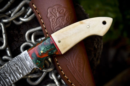 Forged Twist Damascus Skinner Knife with Bone Handle and Micarta Bolster for Survival and Hunting