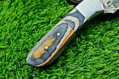 8" Custom Damascus Steel Bowie Knife – Hardwood Handle & Filework Spine