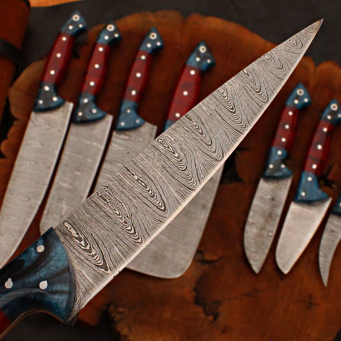8-Piece Custom Handmade Damascus Forged Steel Chef Knife Set