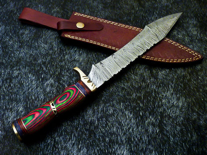 Authentic Hand Forged Damascus Bowie Hunting Knife – Multi-Color Hard Wood Handle, 14" Overall