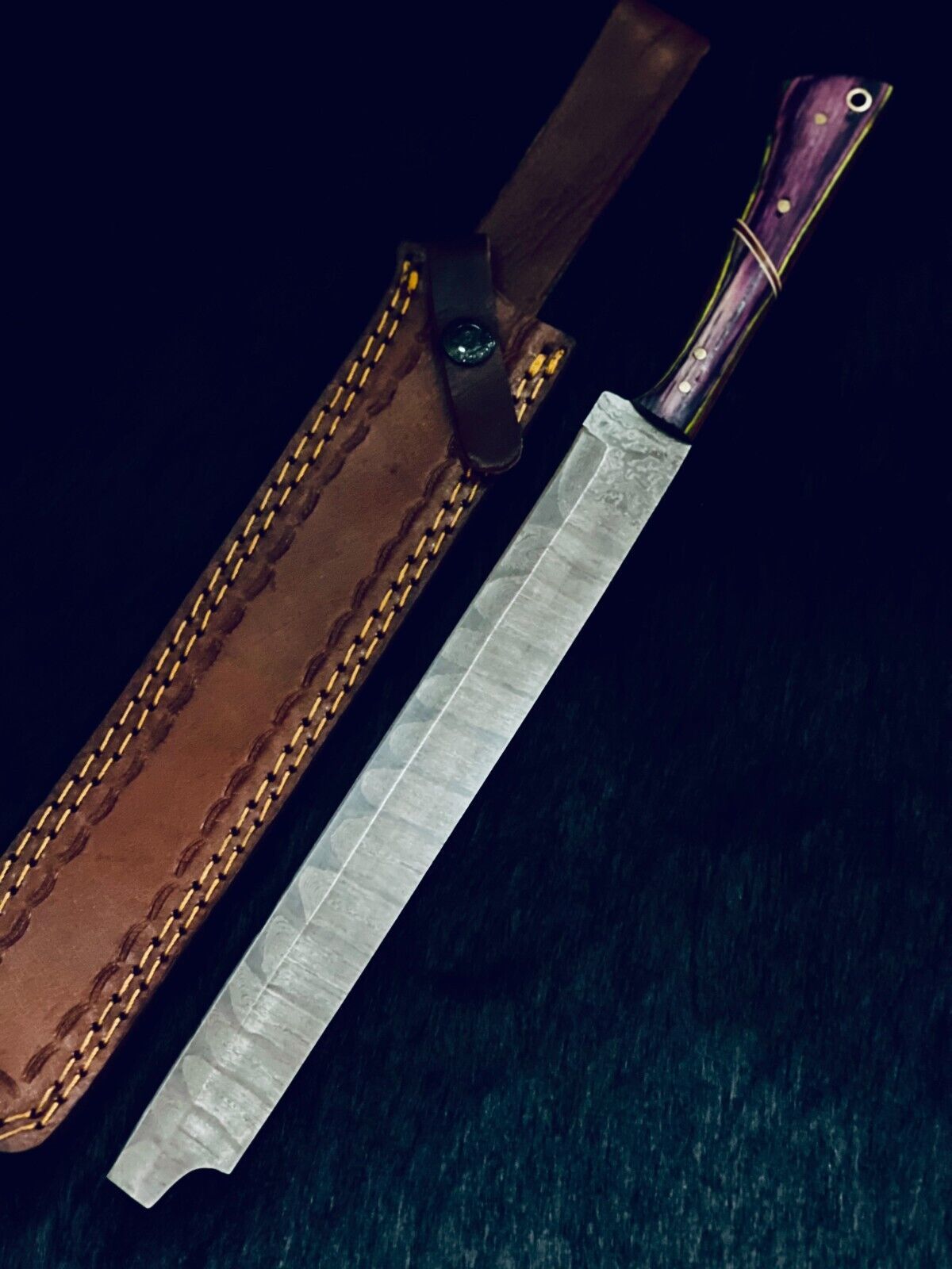 15" Twist Damascus Steel Bowie Knife – Camel Bone & Wood Handle