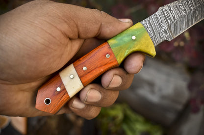 8.0" Twist Damascus Skinner Knife Bone Wood Handle Micarta Bolster Fishing Blade