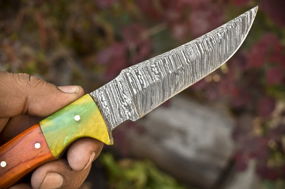 8.0" Twist Damascus Skinner Knife Bone Wood Handle Micarta Bolster Fishing Blade