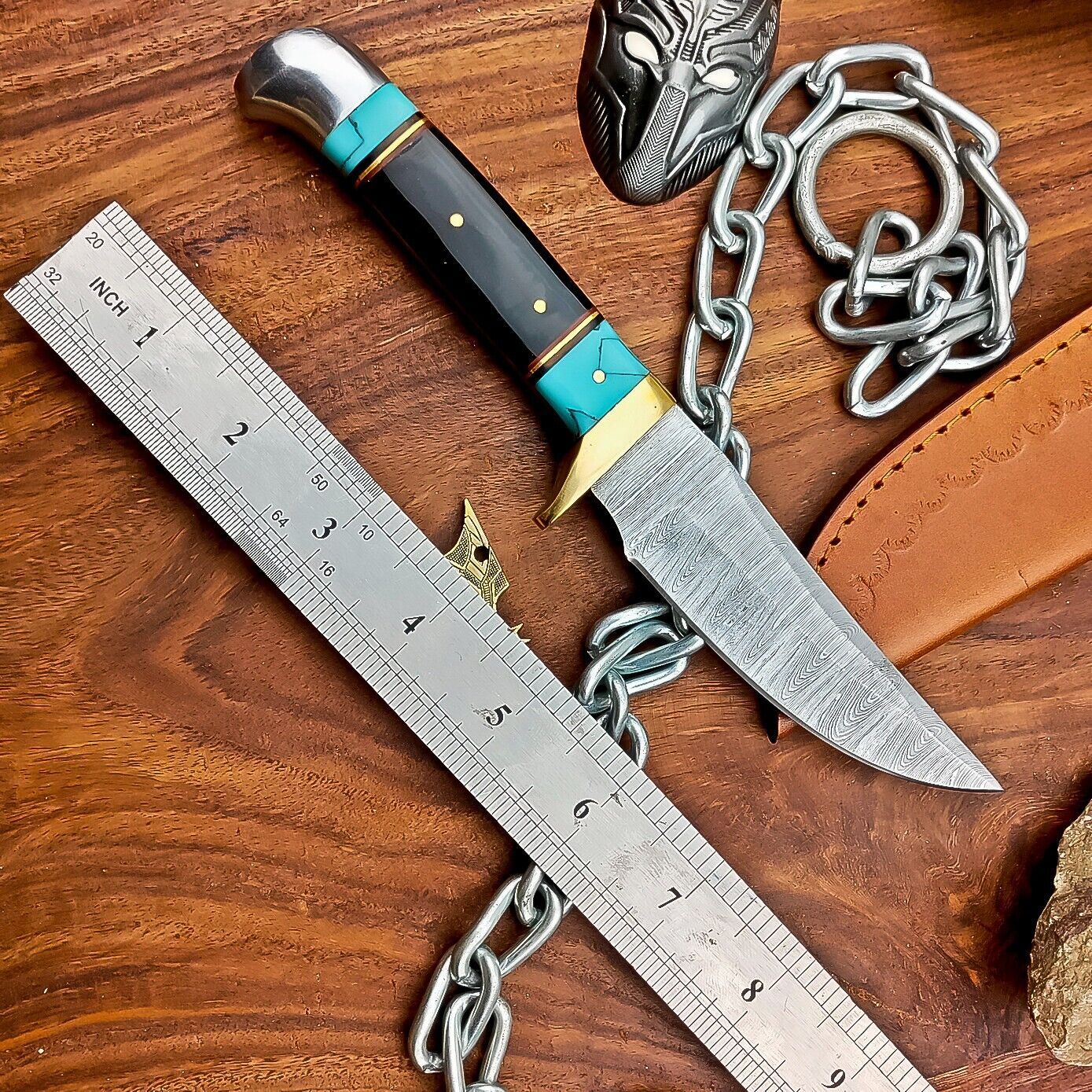 9" Heritage Forge Handmade Damascus Hunting Knife – Resin Handle with Leather Sheath