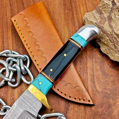9" Heritage Forge Handmade Damascus Hunting Knife – Resin Handle with Leather Sheath
