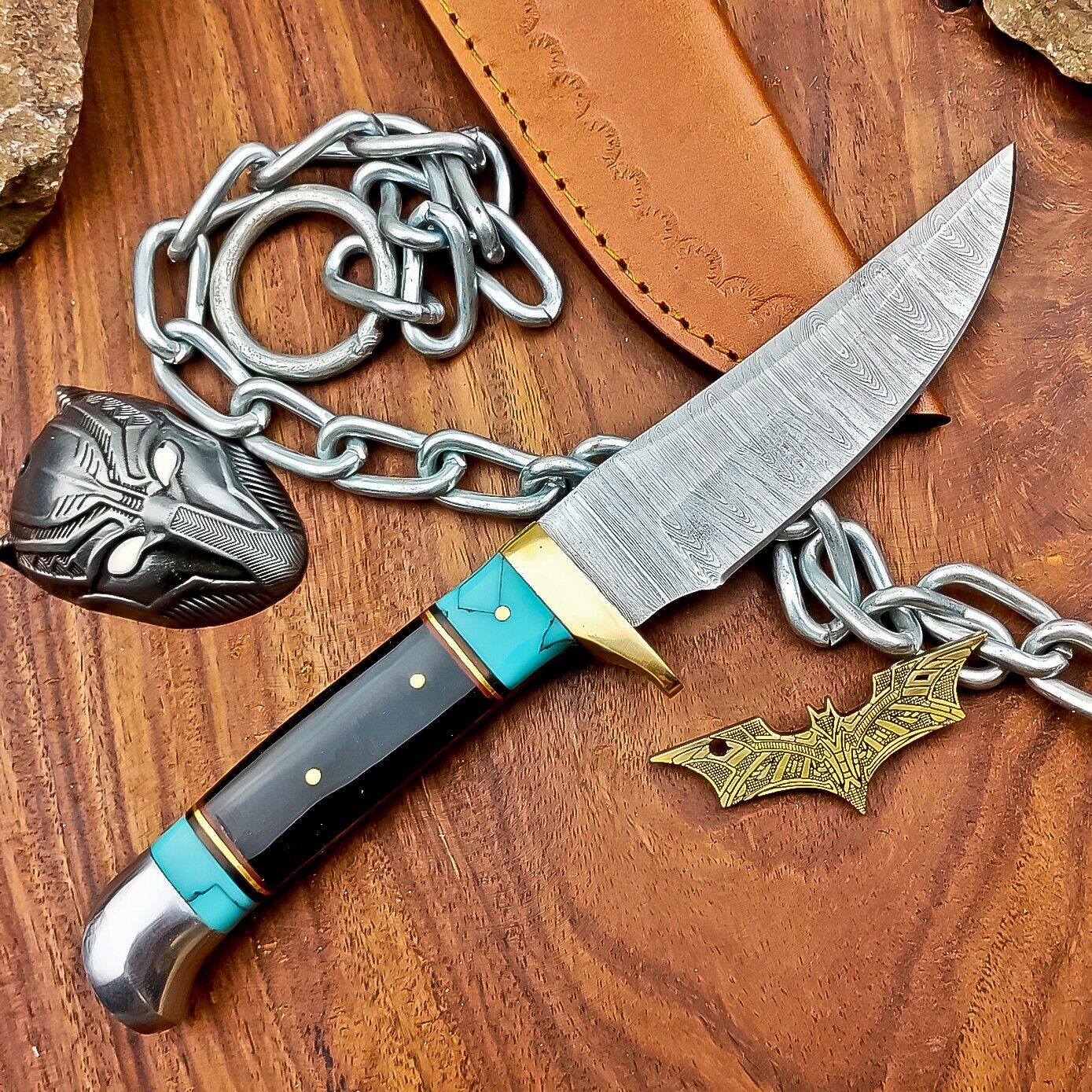 9" Heritage Forge Handmade Damascus Hunting Knife – Resin Handle with Leather Sheath