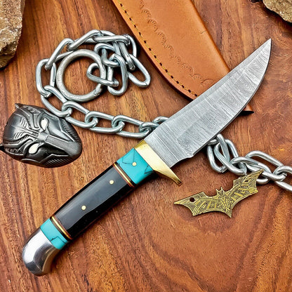 9" Heritage Forge Handmade Damascus Hunting Knife – Resin Handle with Leather Sheath