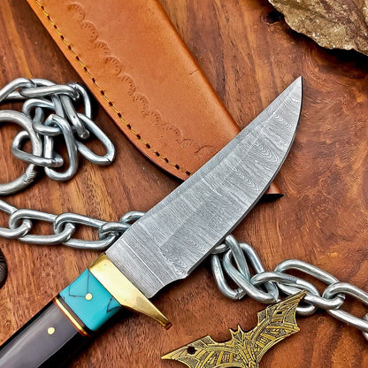 9" Heritage Forge Handmade Damascus Hunting Knife – Resin Handle with Leather Sheath