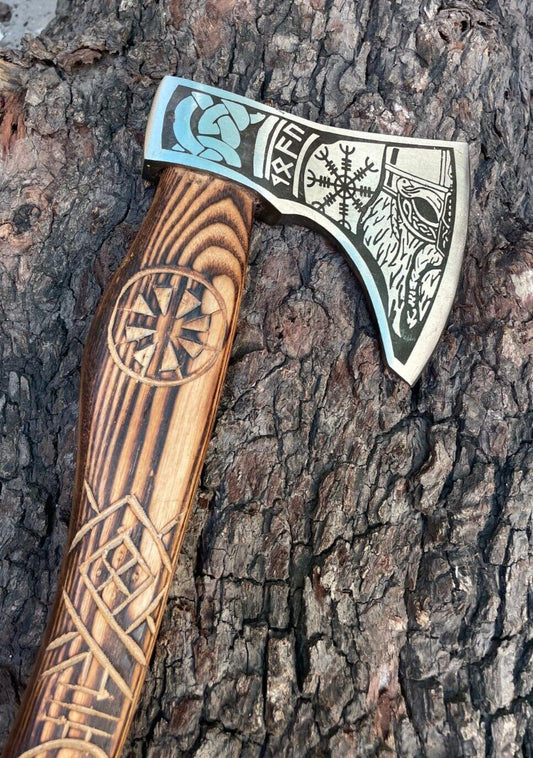 Custom Forged Bushcraft Viking Axe 22 Inch Carbon Steel Camping Hatchet with Leather Sheath