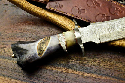 15" Handmade Damascus Bowie – Engraved Camel Bone Handle & Leather Sheath