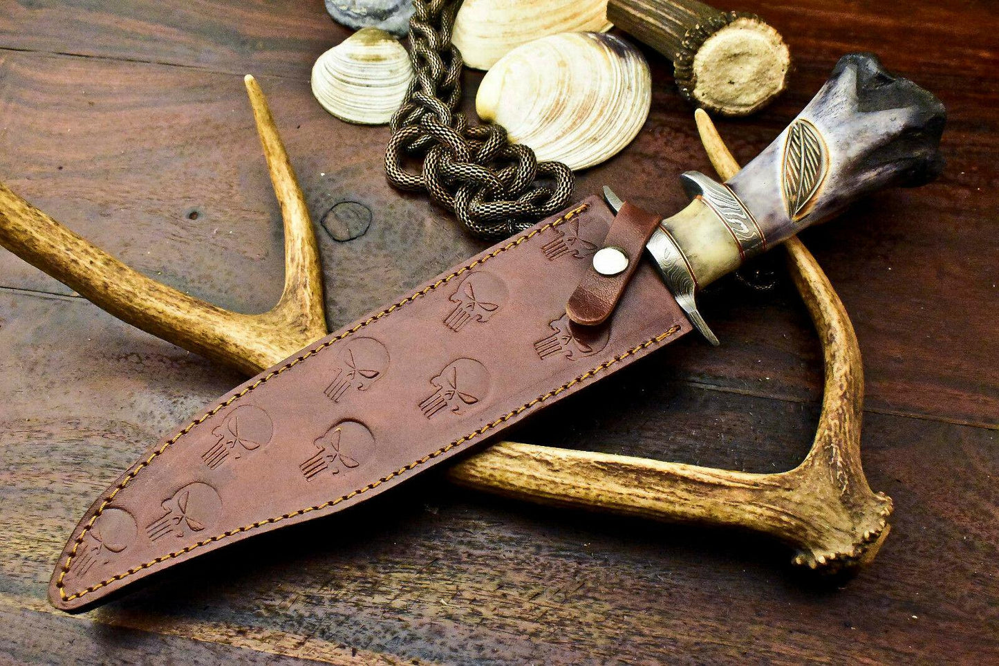Damascus Steel Bowie Knife – Engraved Camel Bone Handle