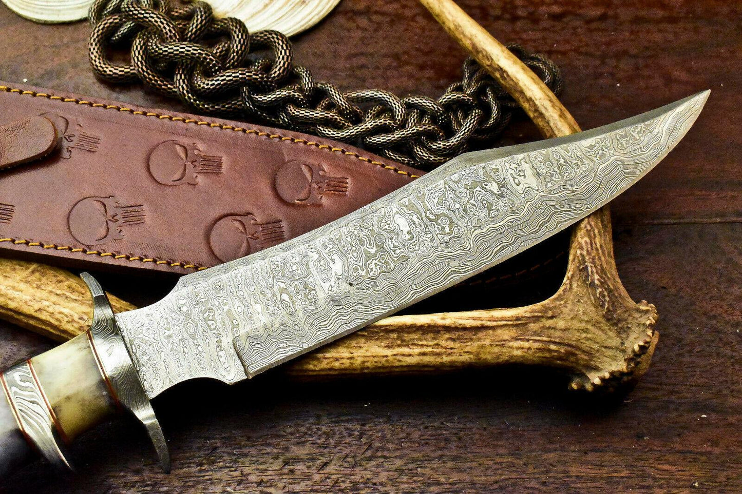 15" Handmade Damascus Bowie – Engraved Camel Bone Handle & Leather Sheath