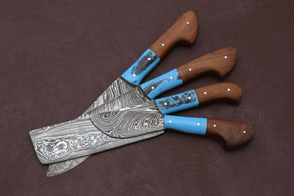 Handmade Damascus Steel Kitchen Chef Knives Set with Rosewood Handle