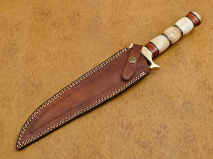 Damascus Bowie Knife – 13" Handmade Hunting Blade with Camel Bone & Pakka Wood Handle
