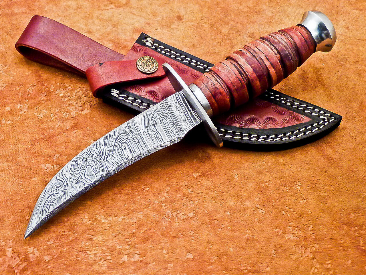 Heritage Forge 10 Inch Handmade Damascus Steel Camping and Hunting Knife with Leather Handle and Sheath