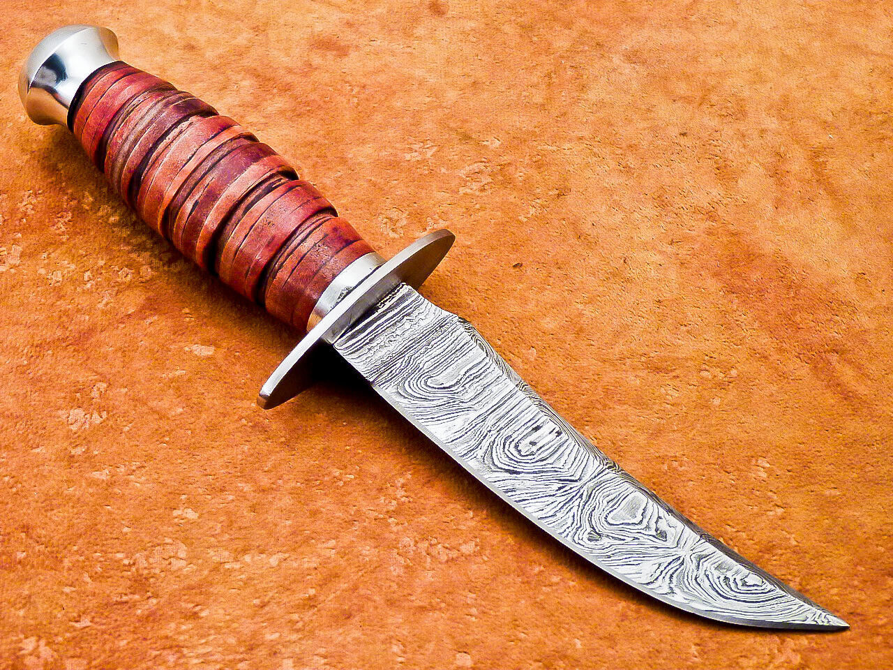 Heritage Forge 10 Inch Handmade Damascus Steel Camping and Hunting Knife with Leather Handle and Sheath