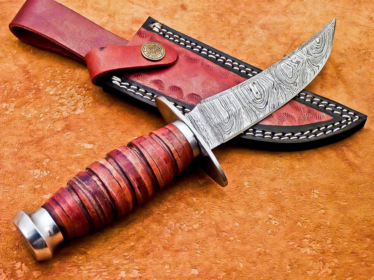 Heritage Forge 10 Inch Handmade Damascus Steel Camping and Hunting Knife with Leather Handle and Sheath