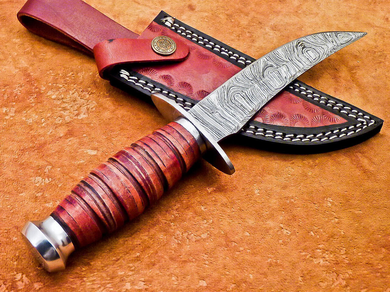 Heritage Forge 10 Inch Handmade Damascus Steel Camping and Hunting Knife with Leather Handle and Sheath