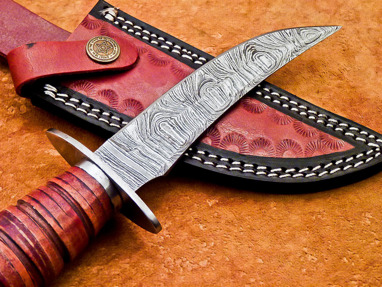 Heritage Forge 10 Inch Handmade Damascus Steel Camping and Hunting Knife with Leather Handle and Sheath