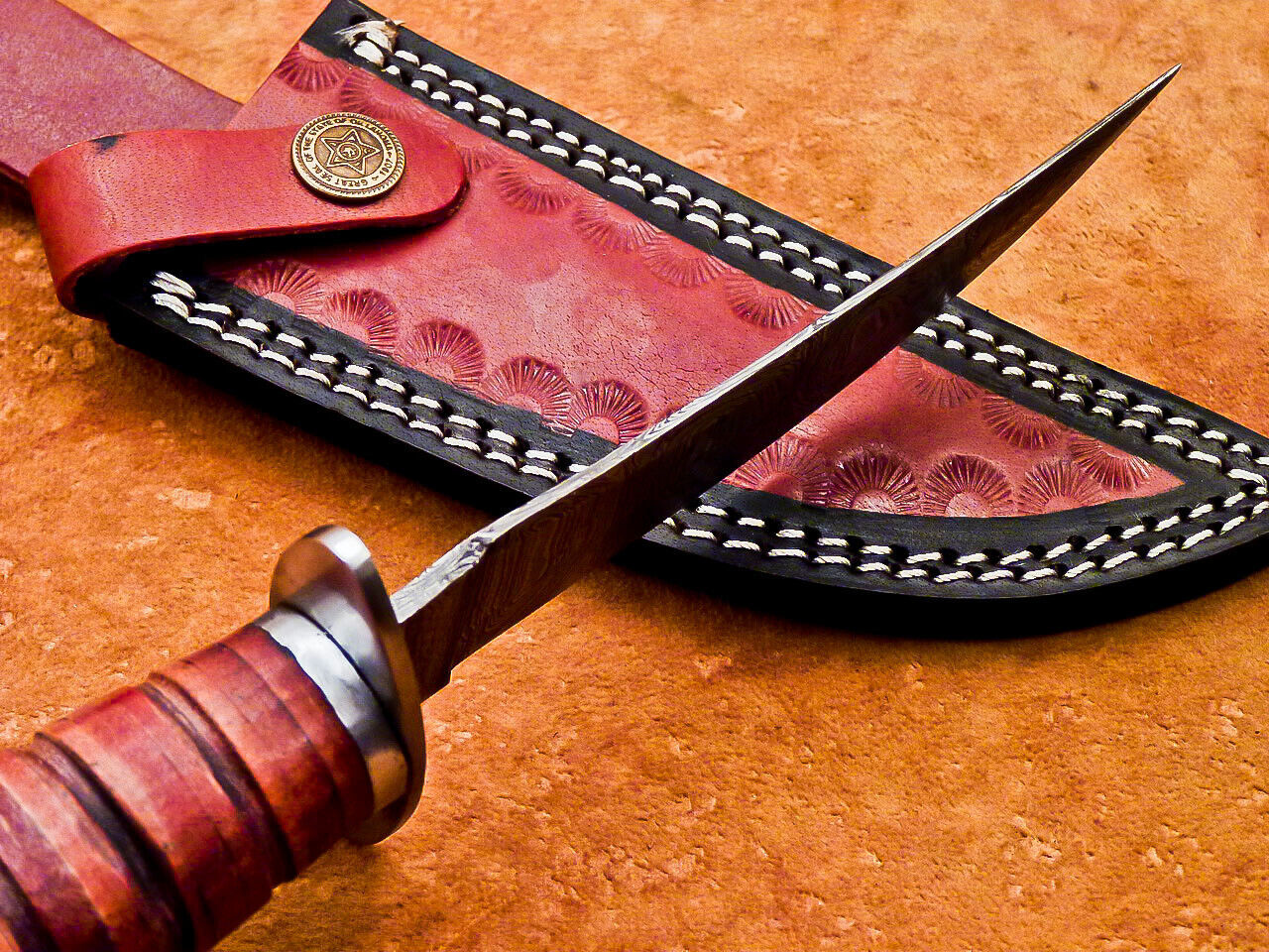 Heritage Forge 10 Inch Handmade Damascus Steel Camping and Hunting Knife with Leather Handle and Sheath