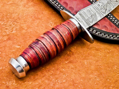 Heritage Forge 10 Inch Handmade Damascus Steel Camping and Hunting Knife with Leather Handle and Sheath