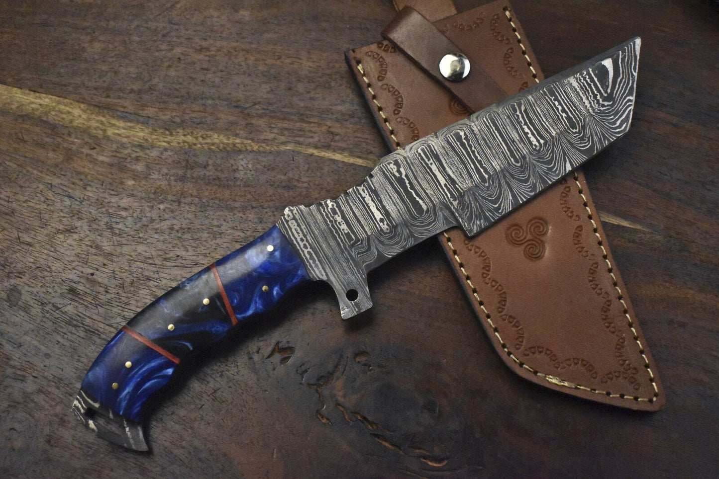 12.5" Custom Handmade Twist Damascus Tracker Knife – Corian Handle, Micarta Bolster, Leather Sheath