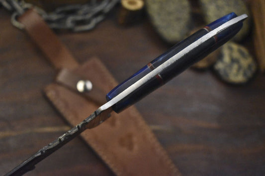 12.5" Custom Handmade Twist Damascus Tracker Knife – Corian Handle, Micarta Bolster, Leather Sheath