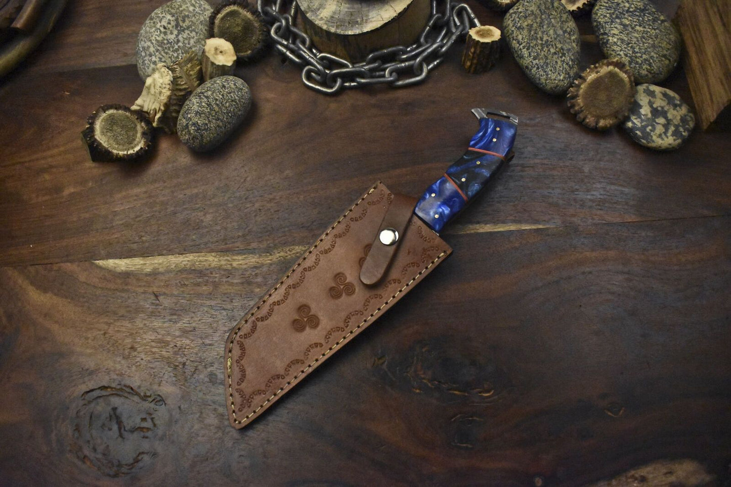 12.5" Custom Handmade Twist Damascus Tracker Knife – Corian Handle, Micarta Bolster, Leather Sheath
