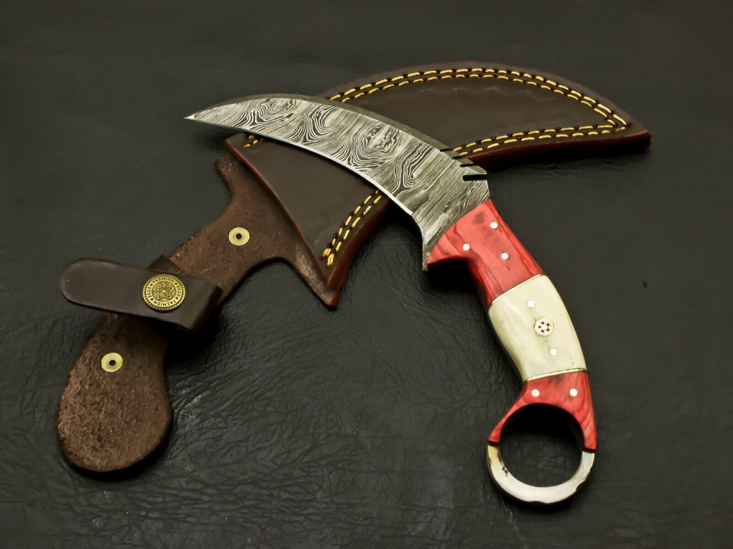 Custom Best Karambit 8.5” Damascus Steel Karambit Knife with Camel Bone & Wood Handle