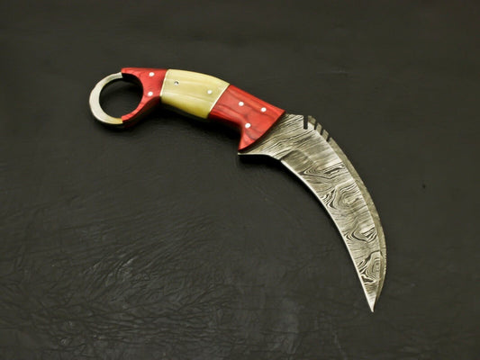 Custom Best Karambit 8.5” Damascus Steel Karambit Knife with Camel Bone & Wood Handle