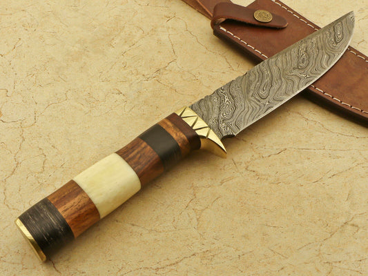 12.25" Damascus Bowie Hunting Knife – Camel Bone, Rosewood & Pakka Wood Handle with Brass Guard
