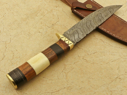 Damascus Bowie – Camel Bone & Rosewood Handle, 12.25" Hand-Forged Blade with Leather Sheath