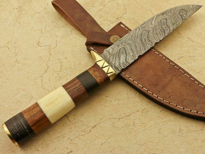 Damascus Bowie – Camel Bone & Rosewood Handle, 12.25" Hand-Forged Blade with Leather Sheath