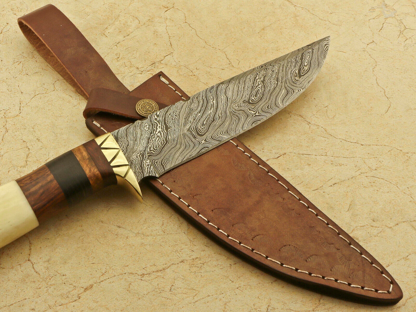 Damascus Bowie – Camel Bone & Rosewood Handle, 12.25" Hand-Forged Blade with Leather Sheath