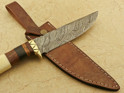 Damascus Bowie – Camel Bone & Rosewood Handle, 12.25" Hand-Forged Blade with Leather Sheath