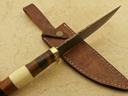 Damascus Bowie – Camel Bone & Rosewood Handle, 12.25" Hand-Forged Blade with Leather Sheath
