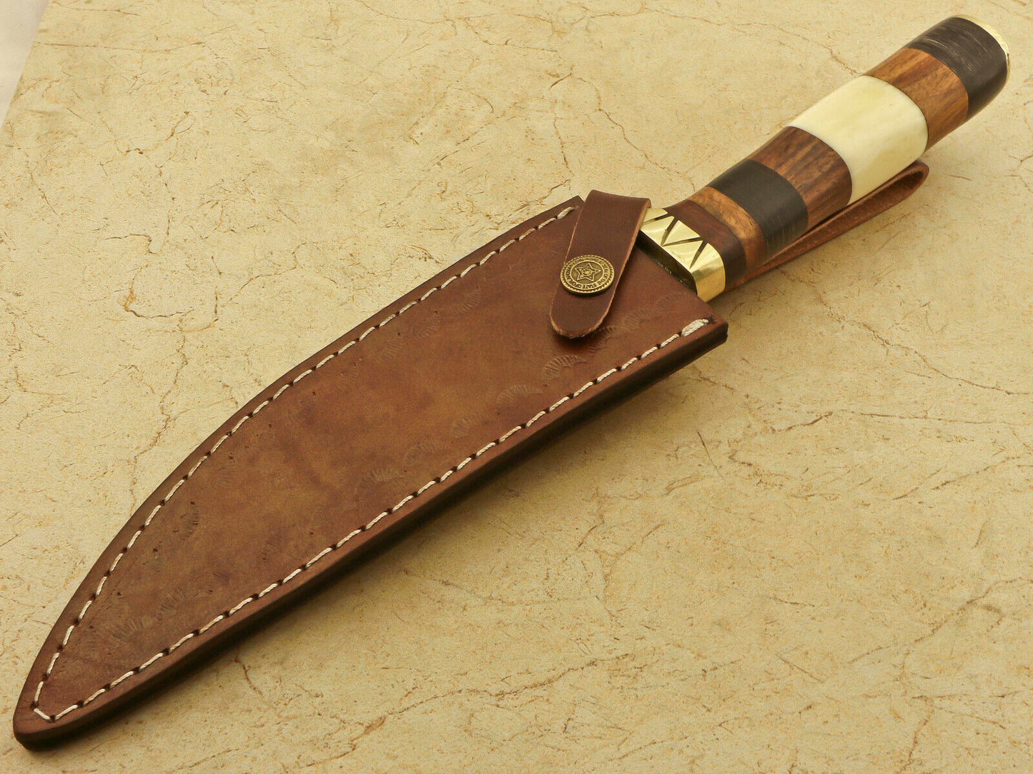 Damascus Bowie – Camel Bone & Rosewood Handle, 12.25" Hand-Forged Blade with Leather Sheath