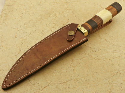 Damascus Bowie – Camel Bone & Rosewood Handle, 12.25" Hand-Forged Blade with Leather Sheath