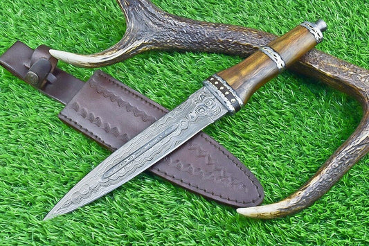 14 Inch Damascus Steel Bowie Dagger with Natural Wood Handle