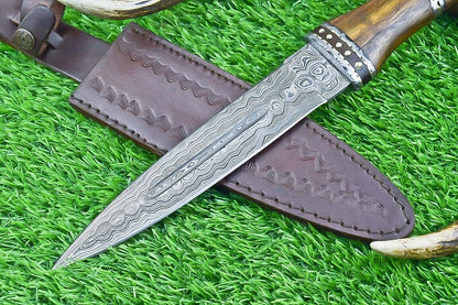14 Inch Damascus Steel Bowie Dagger with Natural Wood Handle