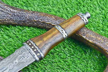 14 Inch Damascus Steel Bowie Dagger with Natural Wood Handle