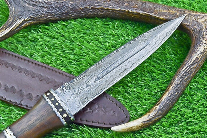 14 Inch Damascus Steel Bowie Dagger with Natural Wood Handle